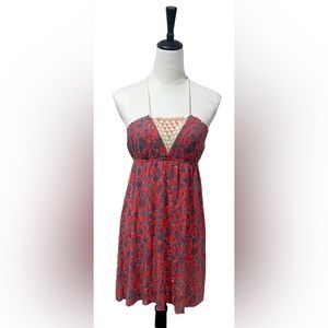 FREE PEOPLE Red/Teal Abstract Floral Print Halter Dress with Beading, Size S.